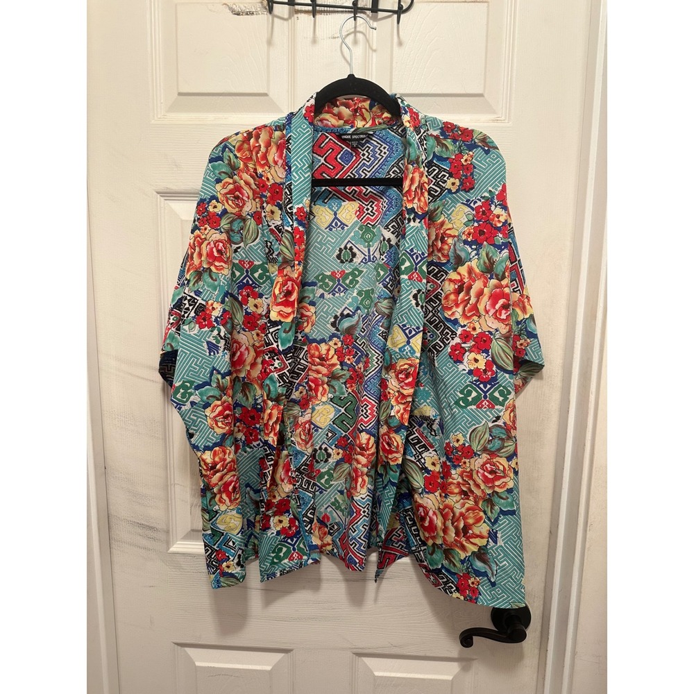 Unique Spectrum Floral Geometric Kimono Cardigan Multi Color Open Front Small